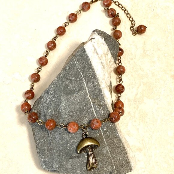 Genuine Red Jasper Short Necklace, Cute Bronze Slim Mushroom + Natural Gemstone - Picture 4 of 12